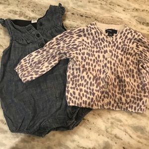 GAP denim romper and animal print cardigan